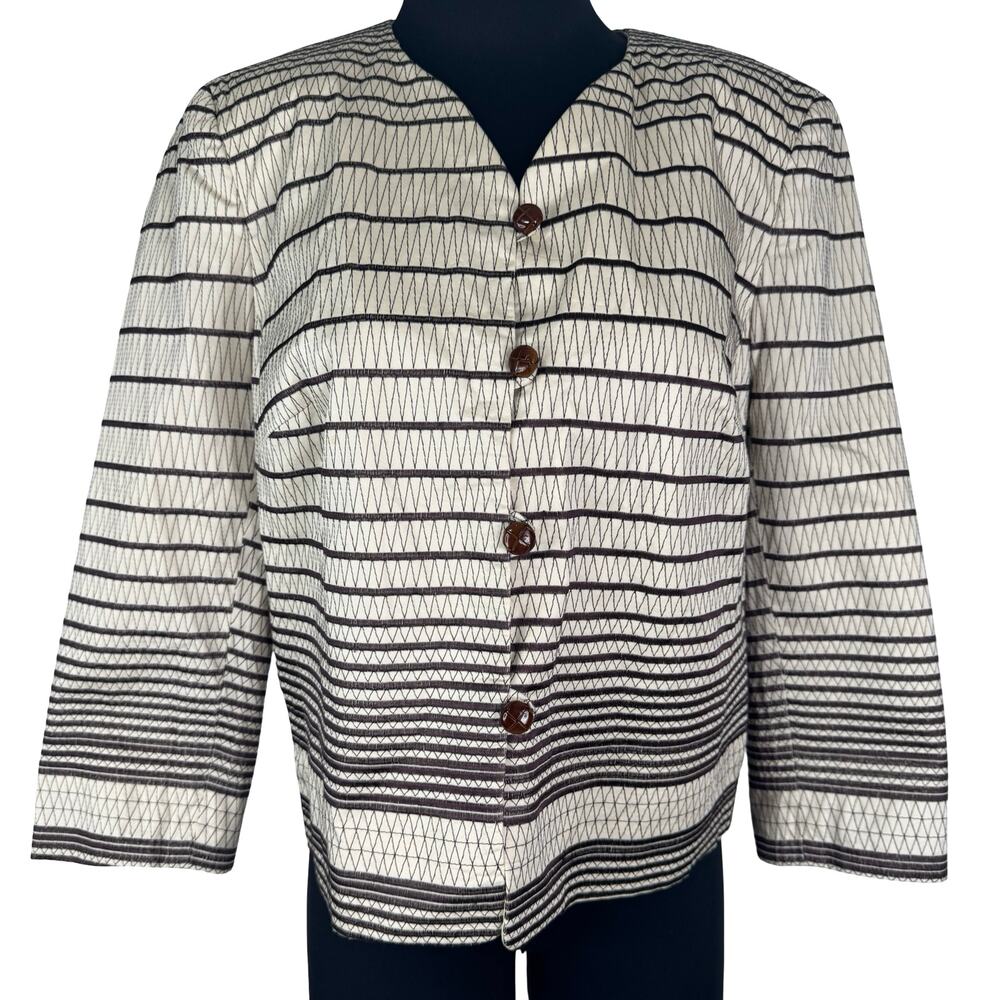 Vintage 90s Talbots Cream Brown Embroidered Cotton Jacket Leather Buttons Blazer